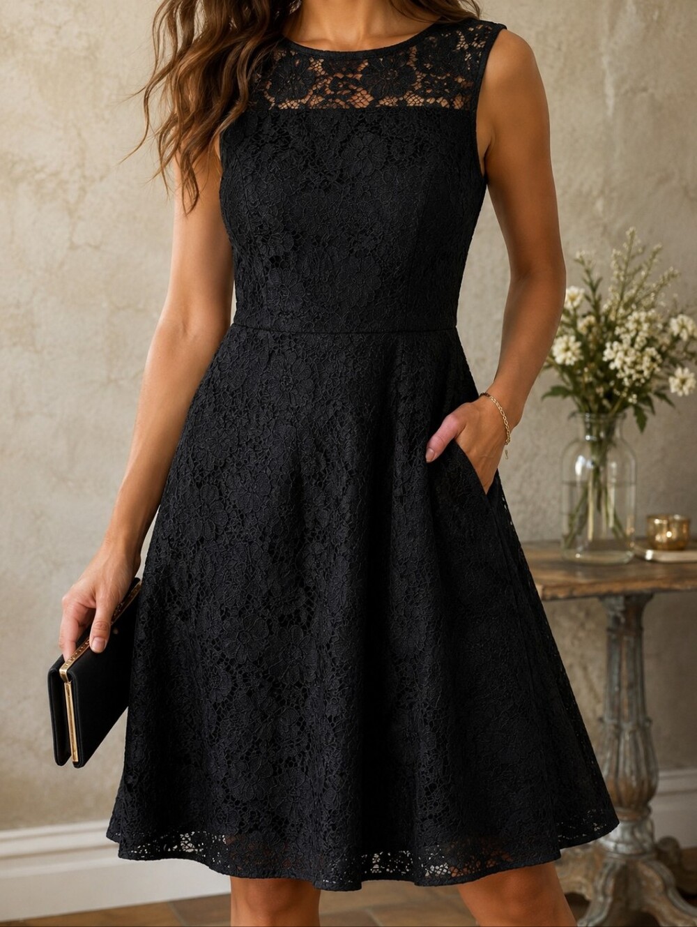 Banana Republic Black Lace Fit & Flare Dress Size 8 Lined Sleeveless
